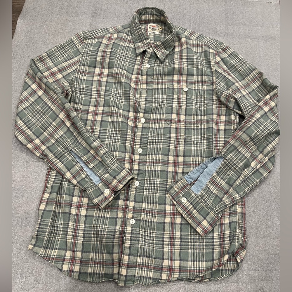 [M]Faherty Green and Cream Plaid Button Up Organic Cotton LS Shirt